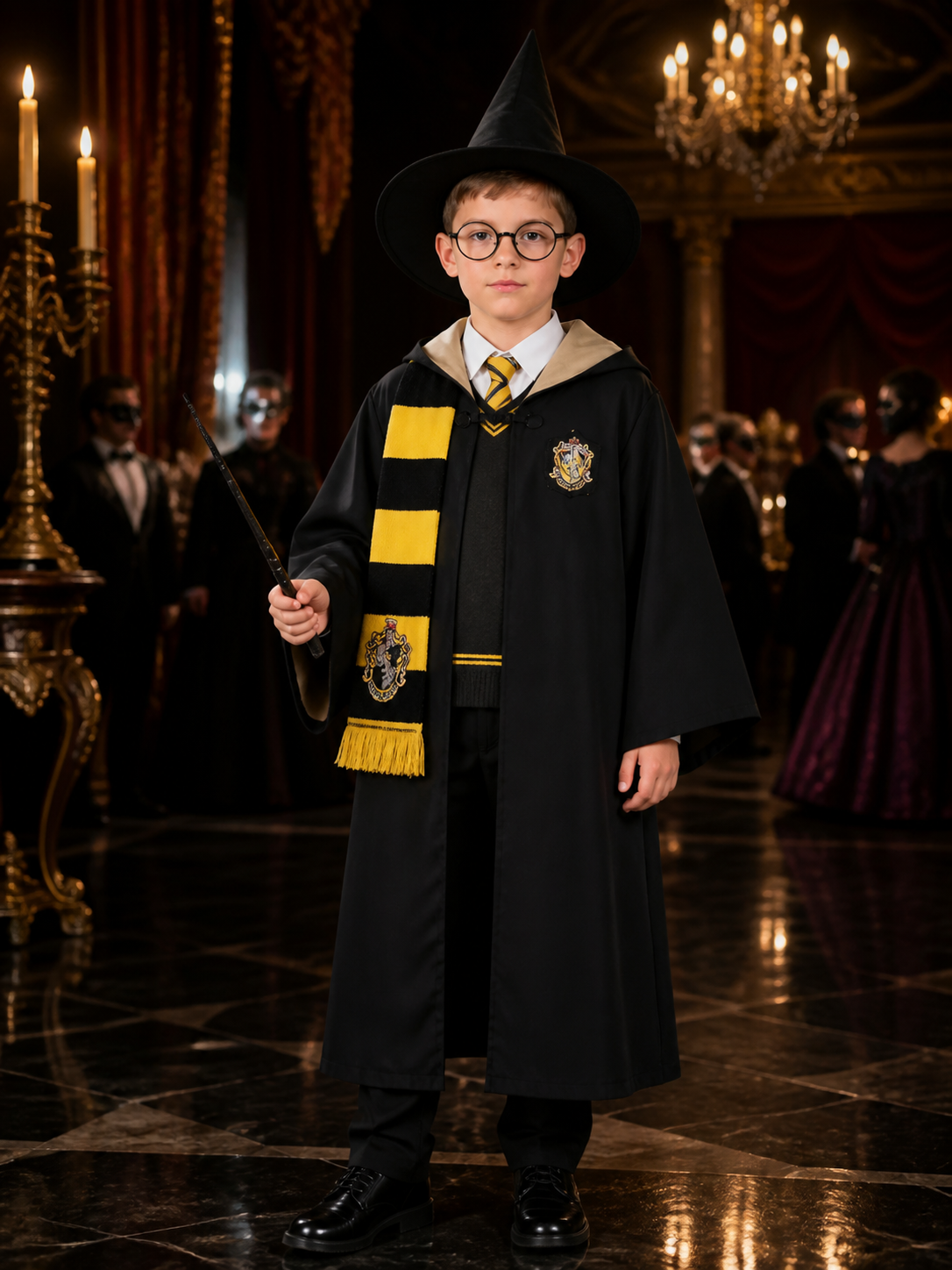 Kids Wizard Costume Set With Hooded Cloak, Hat, Scarf, Glasses, Vest, Shirt And
