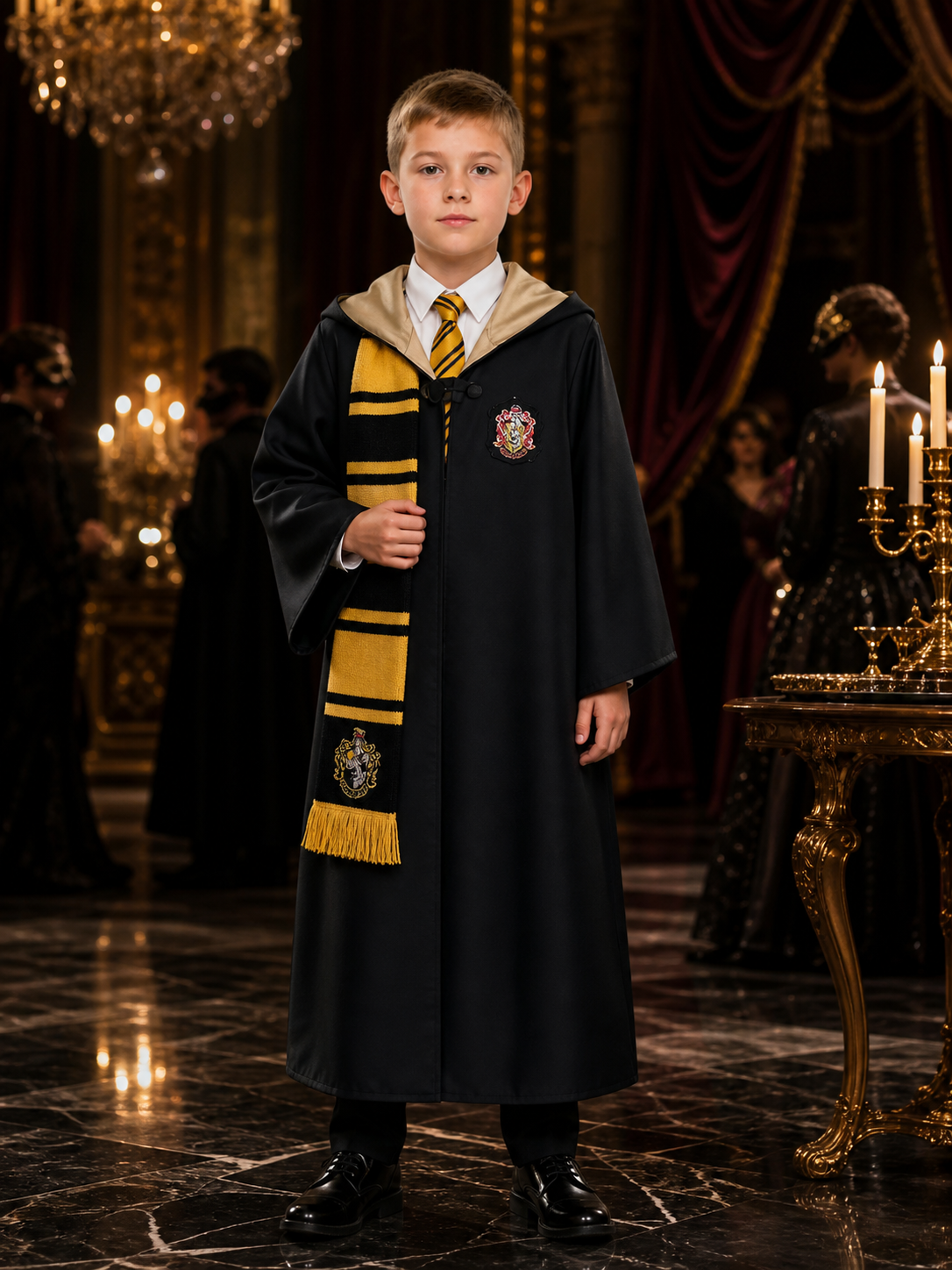 Hufflepuff Wizard Robe Costume Set With Scarf And Tie, Black And Gold Halloween Costumes detail