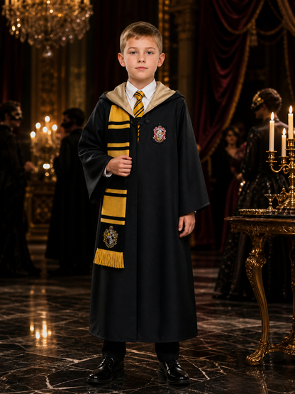 Hufflepuff Wizard Robe Costume Set With Scarf And Tie, Black And Gold Halloween Costumes detail