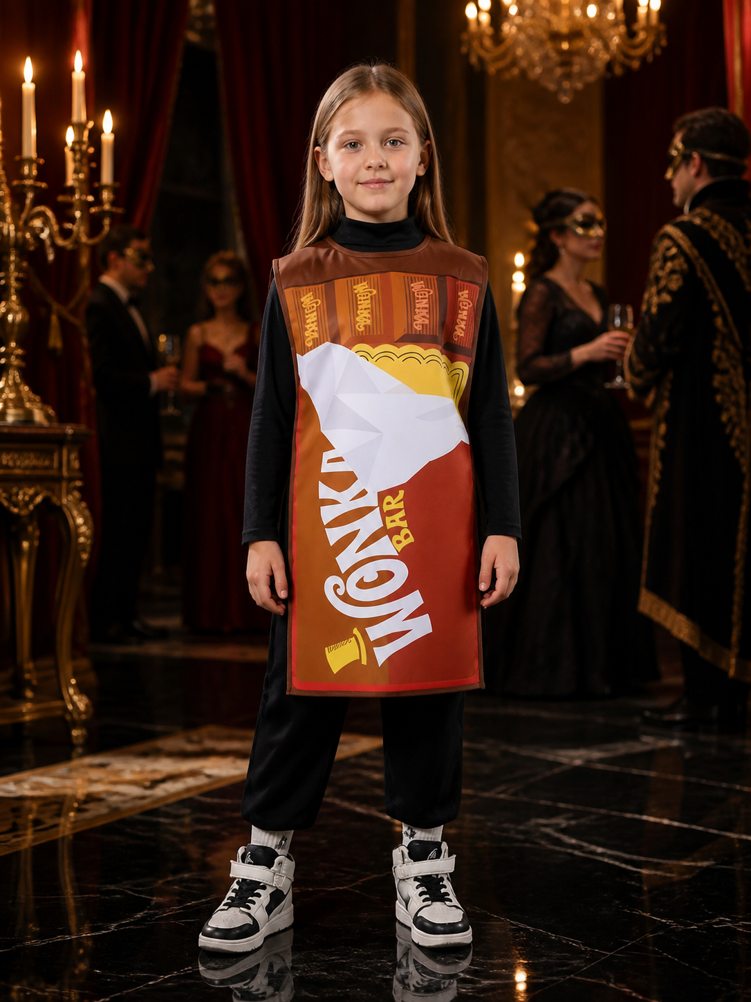 Kids Wonka Chocolate Wrapper Printed Sleeveless Jumpsuit Halloween Costume Costumes detail
