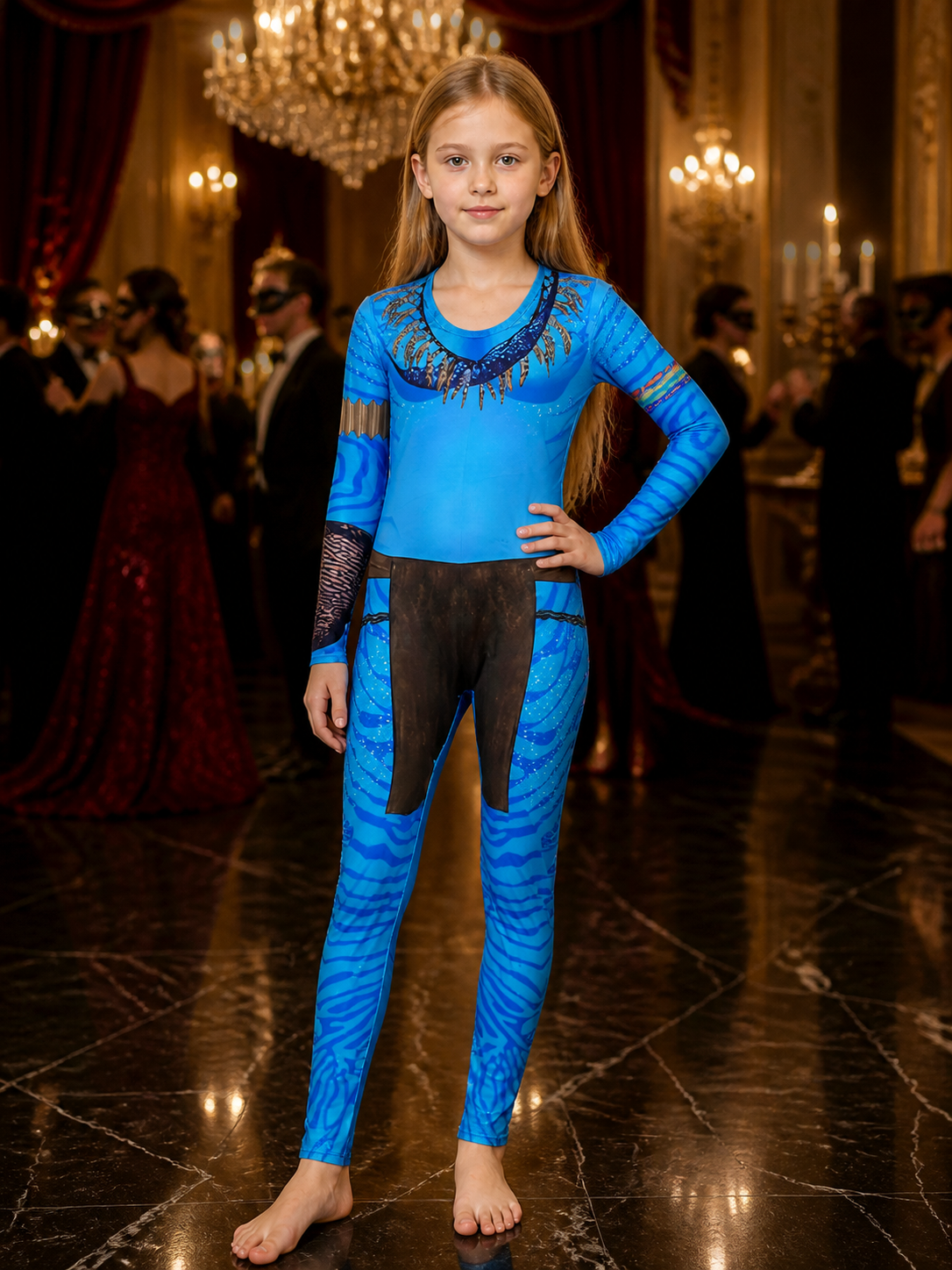 Kids Blue Striped Bodysuit Costume, High Collar Long Sleeve, Halloween Outfit Costumes detail