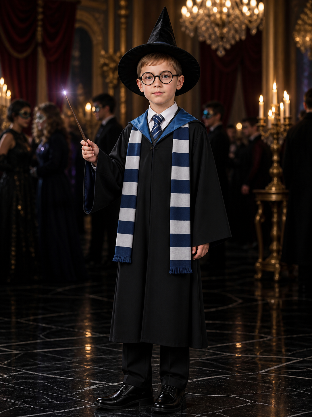 Wizard Costume Set With Robe, Hat, Tie, Scarf, Wand And Round Glasses Costume Headwear detail