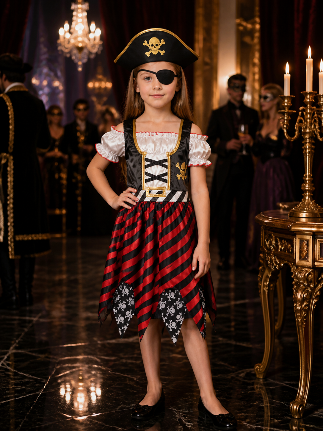 Kids Pirate Costume Dress Set with Hat & Eye Patch - Striped Skull Halloween Costume Dresses detail