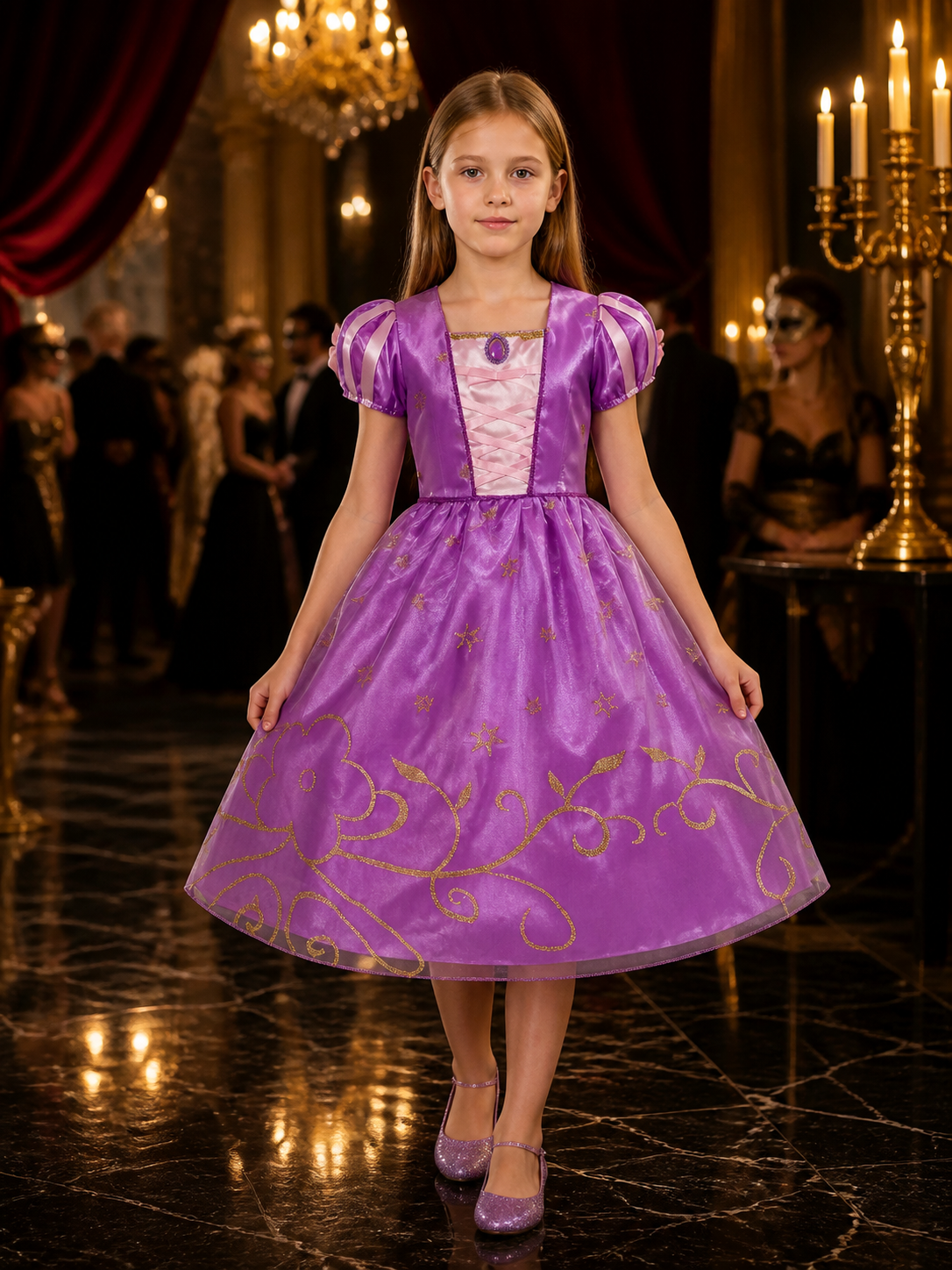 Girls Princess Puff Sleeve Tulle Dress Costume, Star and Floral Print, Halloween Costume Dresses detail