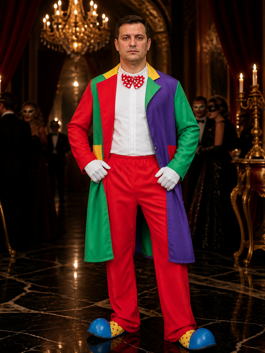 Unisex Halloween Clown Costume Set with Multi-Color Patchwork Robe, Vest, and Costumes detail