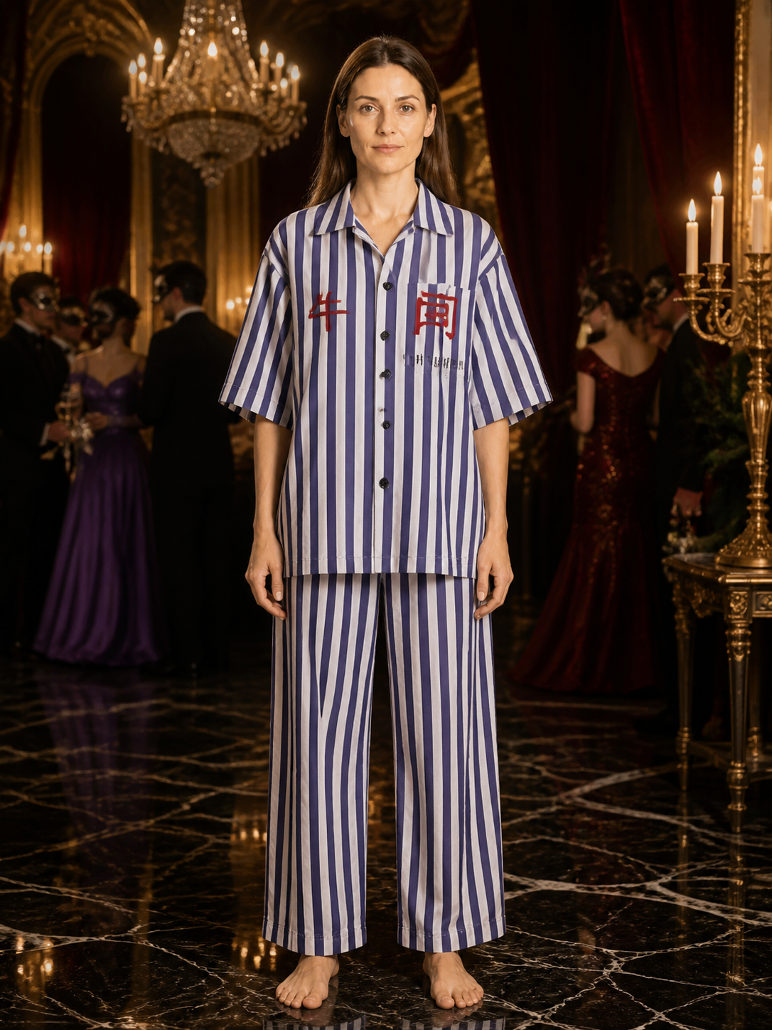 Halloween Prisoner Jumpsuit Costume, Blue and White Striped Short-Sleeve Outfit Costumes detail
