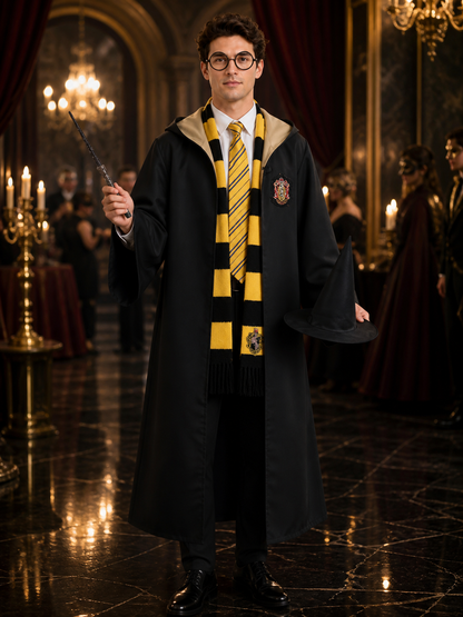 Wizard Halloween Costume Set - Black Hooded Robe with Striped Tie, Scarf Costumes detail