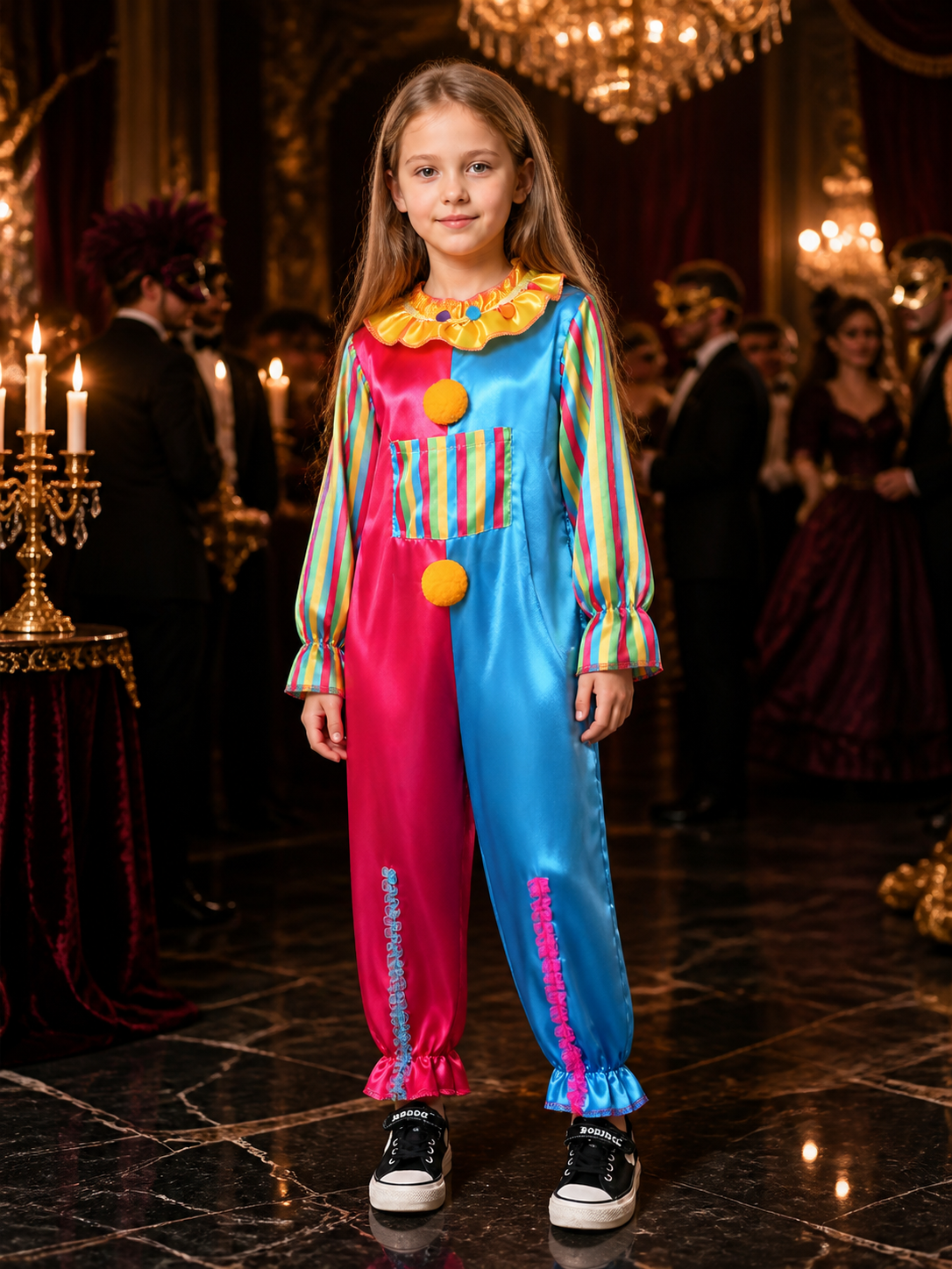 Kids Colorful Split-Color Clown Jumpsuit Costume with Ruffle Collar and Pom-Pom Costumes detail