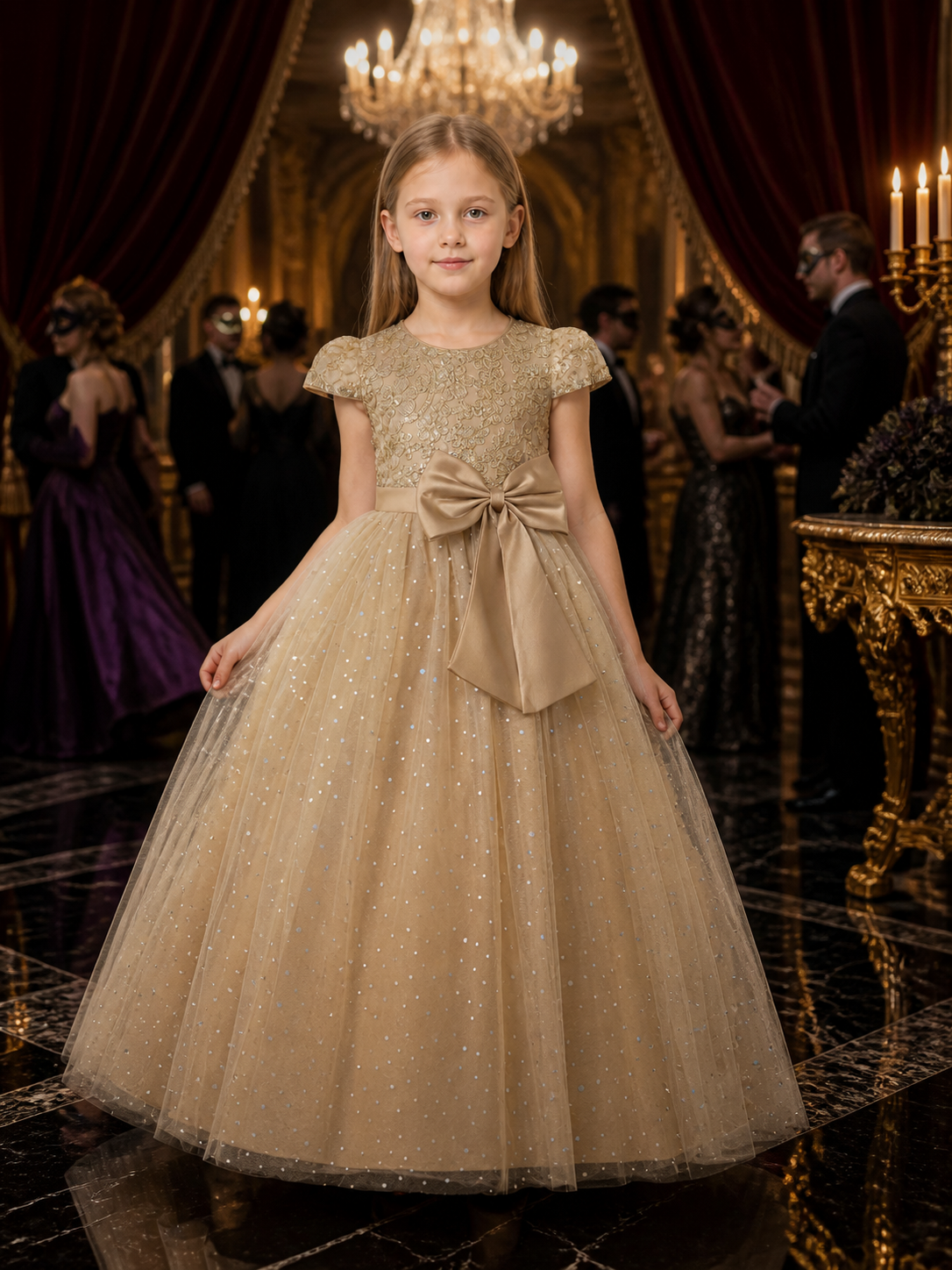 Girls' Champagne Princess Dress with Floral Lace, Bow and Sequin Tulle Skirt Costume Dresses detail