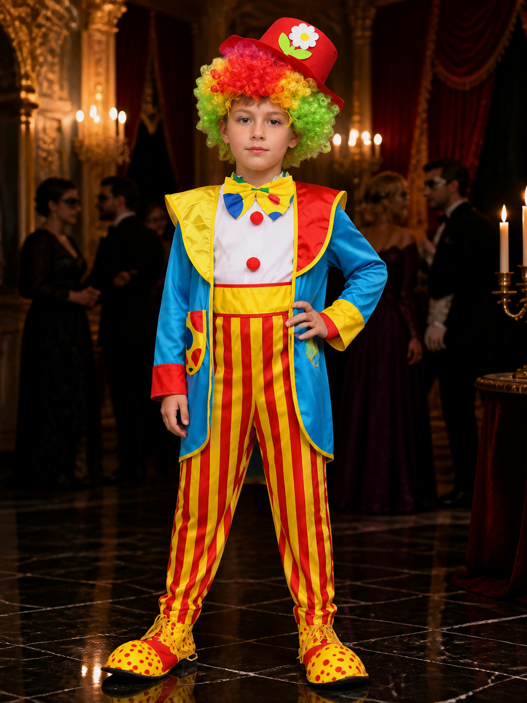 Boys Colorful Clown Circus Costume Set with Striped Jumpsuit, Jacket, Bow Tie Costume Accessories detail