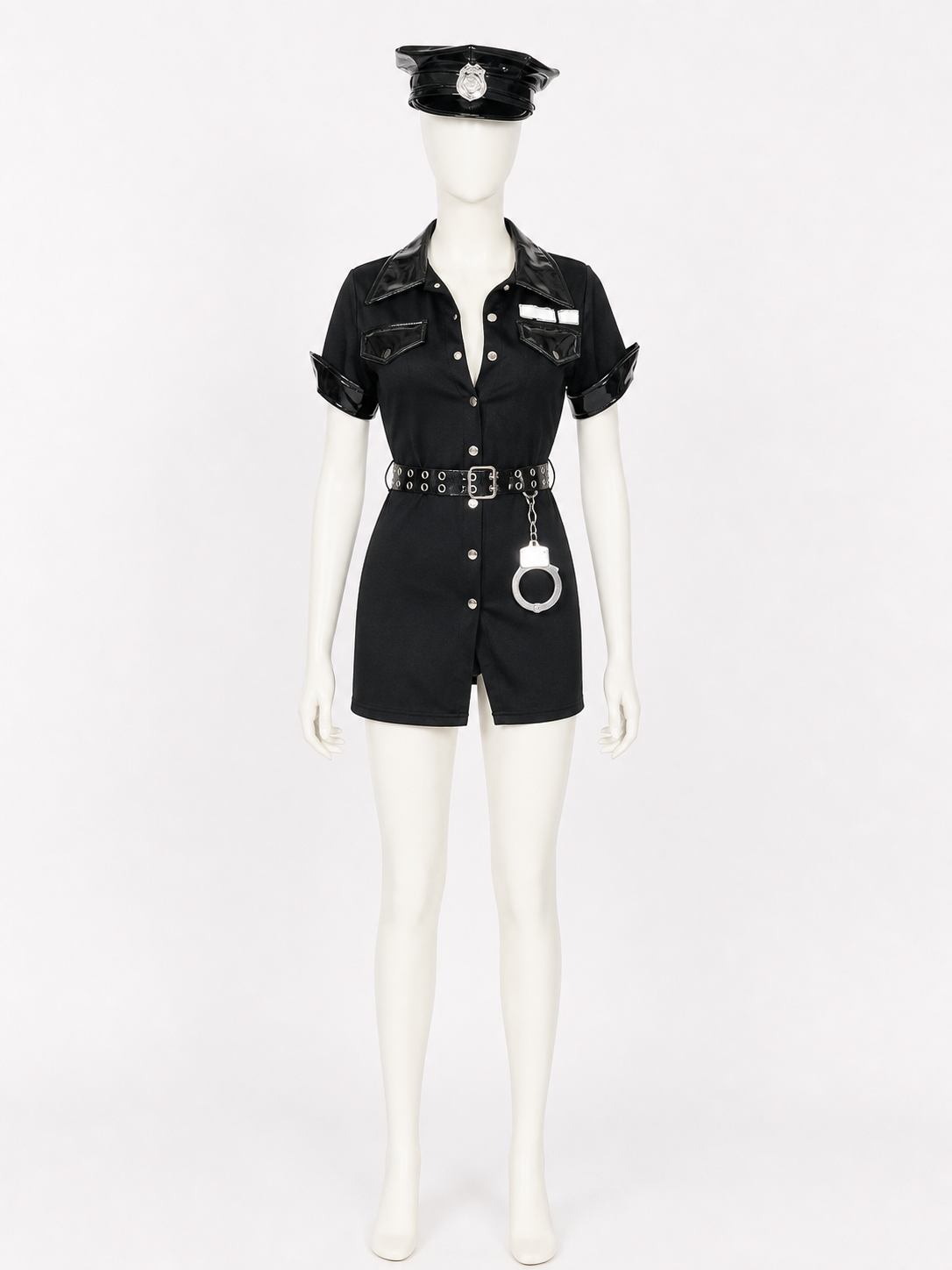 Women's Sexy Police Officer Costume Set, Black Short Sleeve Bodysuit with Hat Costume Headwear detail