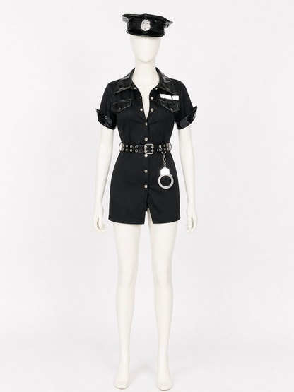 Women's Sexy Police Officer Costume Set, Black Short Sleeve Bodysuit with Hat Costume Headwear detail