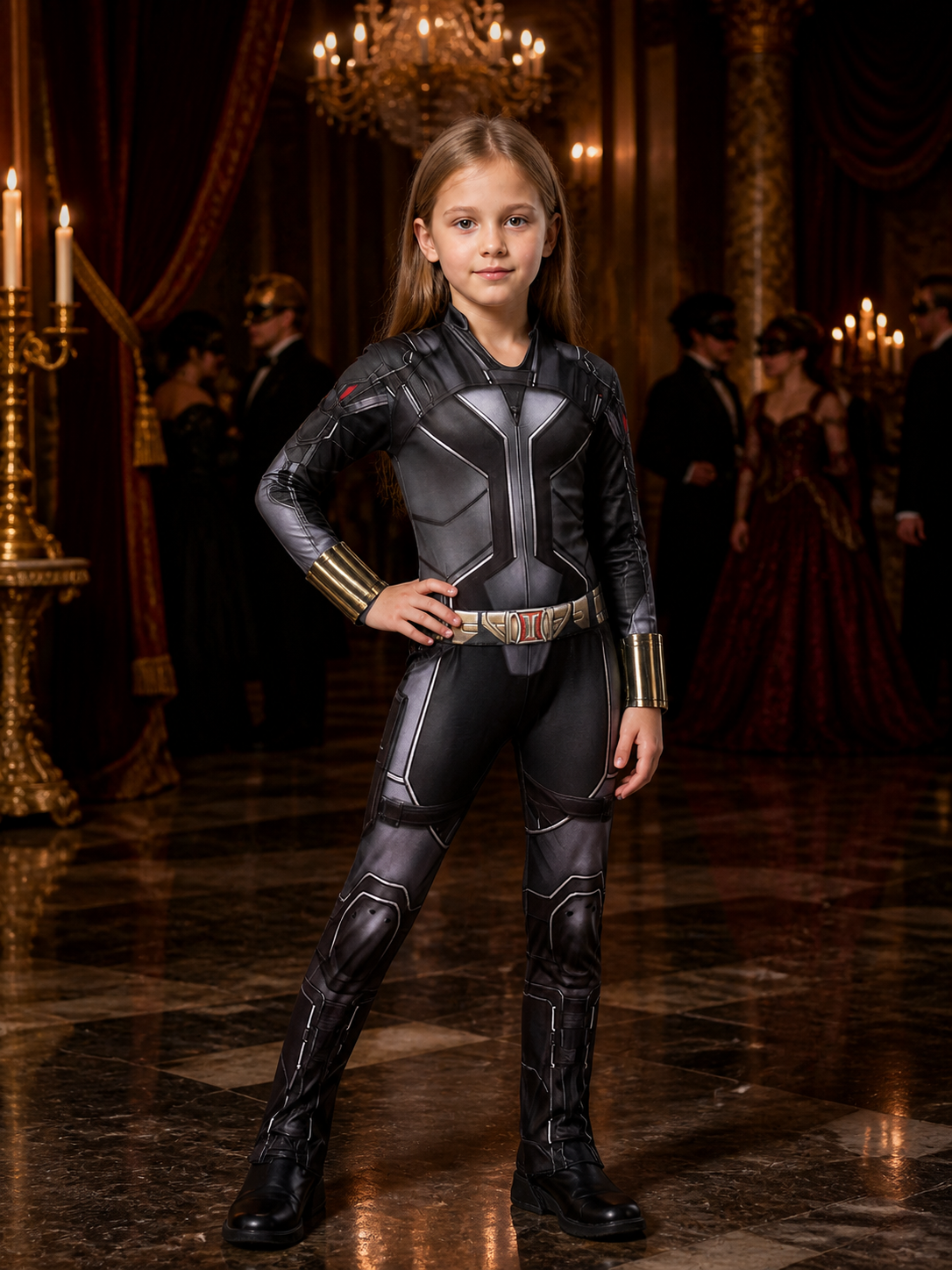 Girls Black Widow Superhero Bodysuit Costume, Long Sleeve Armor Print Jumpsuit