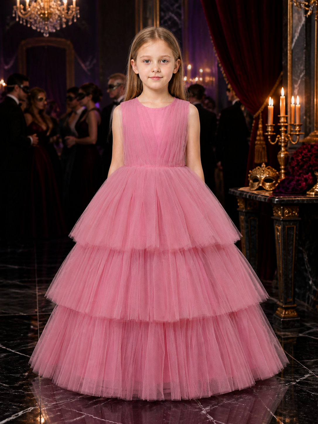 Girls' Pink Princess Dress, Sleeveless Tiered Tulle Floor-Length Formal Gown