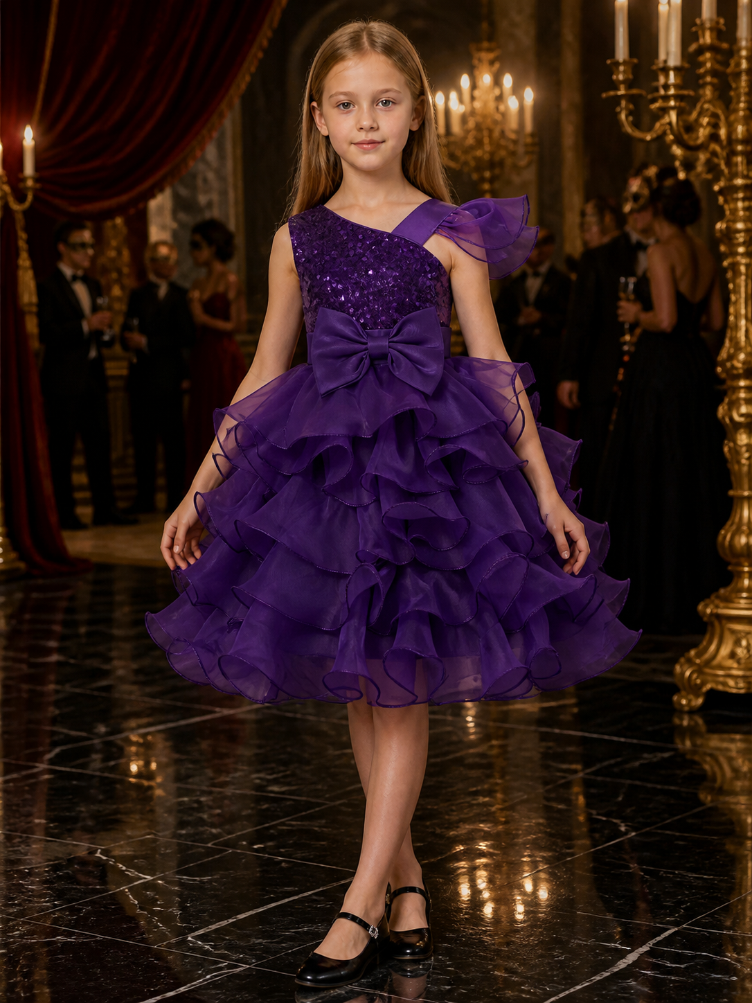 Toddler Girls' Purple Princess Dress, Sequined Layered Ruffle Bow Gown Costume Dresses detail