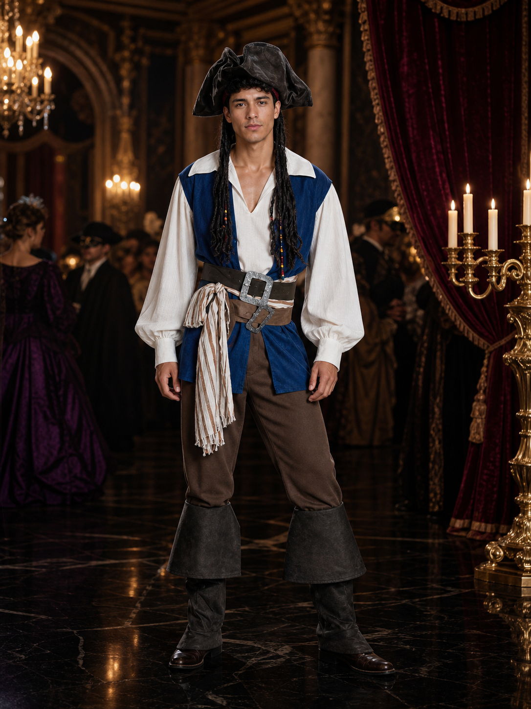 Adult Pirate Costume Set With Hat, Vest, Shirt, Pants, Belt And Boot Covers Costume Headwear detail