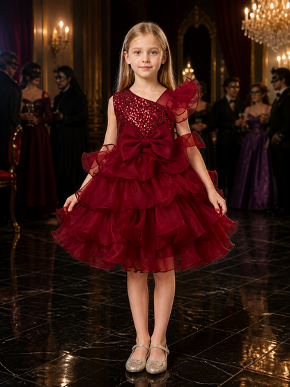 Toddler Girls' Maroon Princess Dress with Sequins, Bow, and Layered Ruffle Skirt Costume Dresses detail