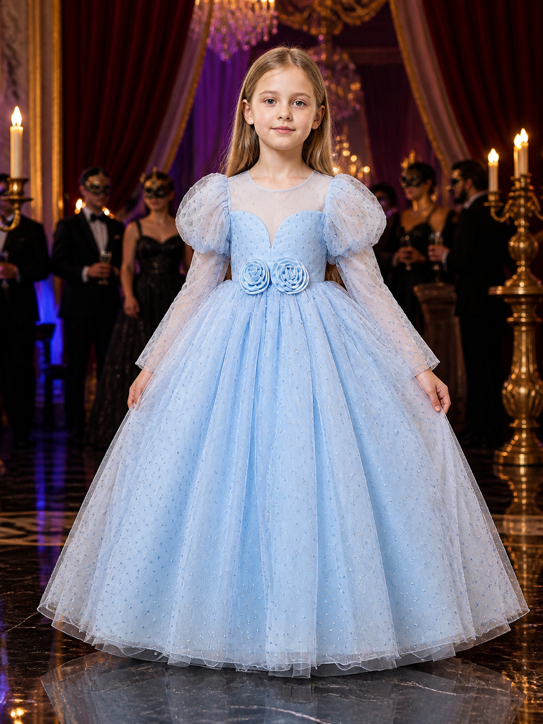 Girls' Light Blue Princess Dress With Puff Sleeves, Layered Tulle Skirt and Costume Dresses detail