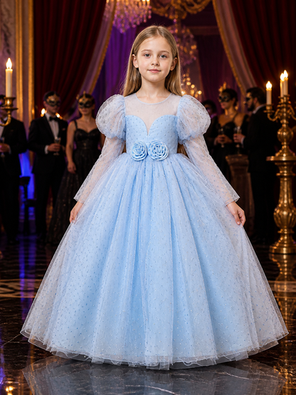 Girls' Light Blue Princess Dress With Puff Sleeves, Layered Tulle Skirt and Costume Dresses detail