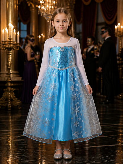 Girls' Snowflake Princess Dress Costume Set, Sequin Mesh Overlay With Long Costume Dresses detail
