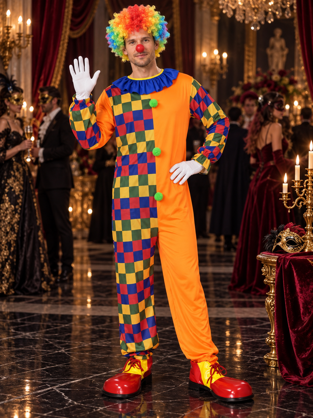 Adult Clown Costume Orange Jumpsuit with Pom-Poms
