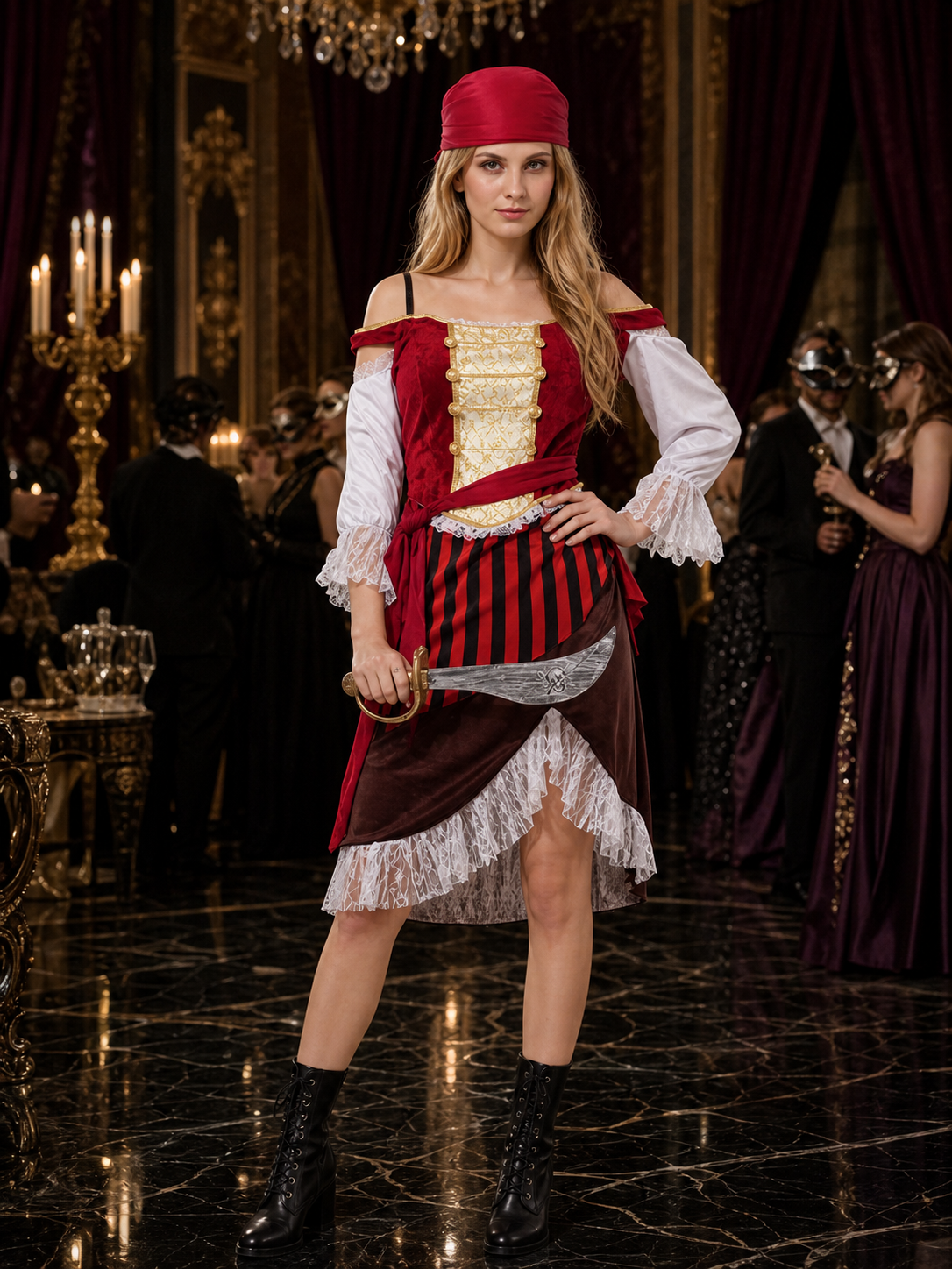 Women's Pirate Costume Set - Red & Black Striped Skirt, Lace Trim, Headband