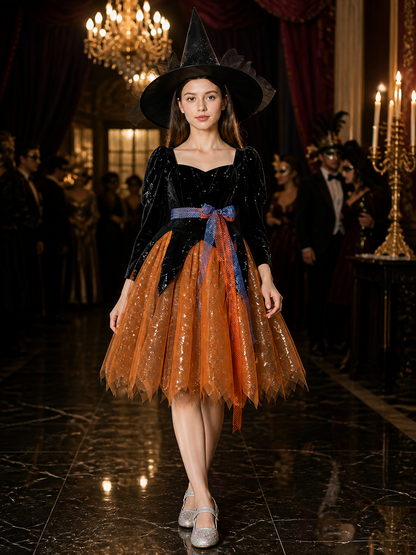 Witch Halloween Costume Set - Glitter Tulle Dress, Bow Belt & Pointed Hat Costume Dresses detail