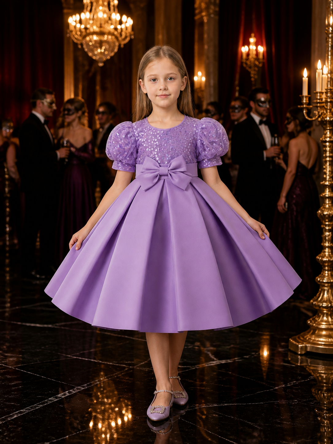 Toddler Girls' Light Purple Sequined Princess Dress with Puff Sleeves and Bow Costume Dresses detail