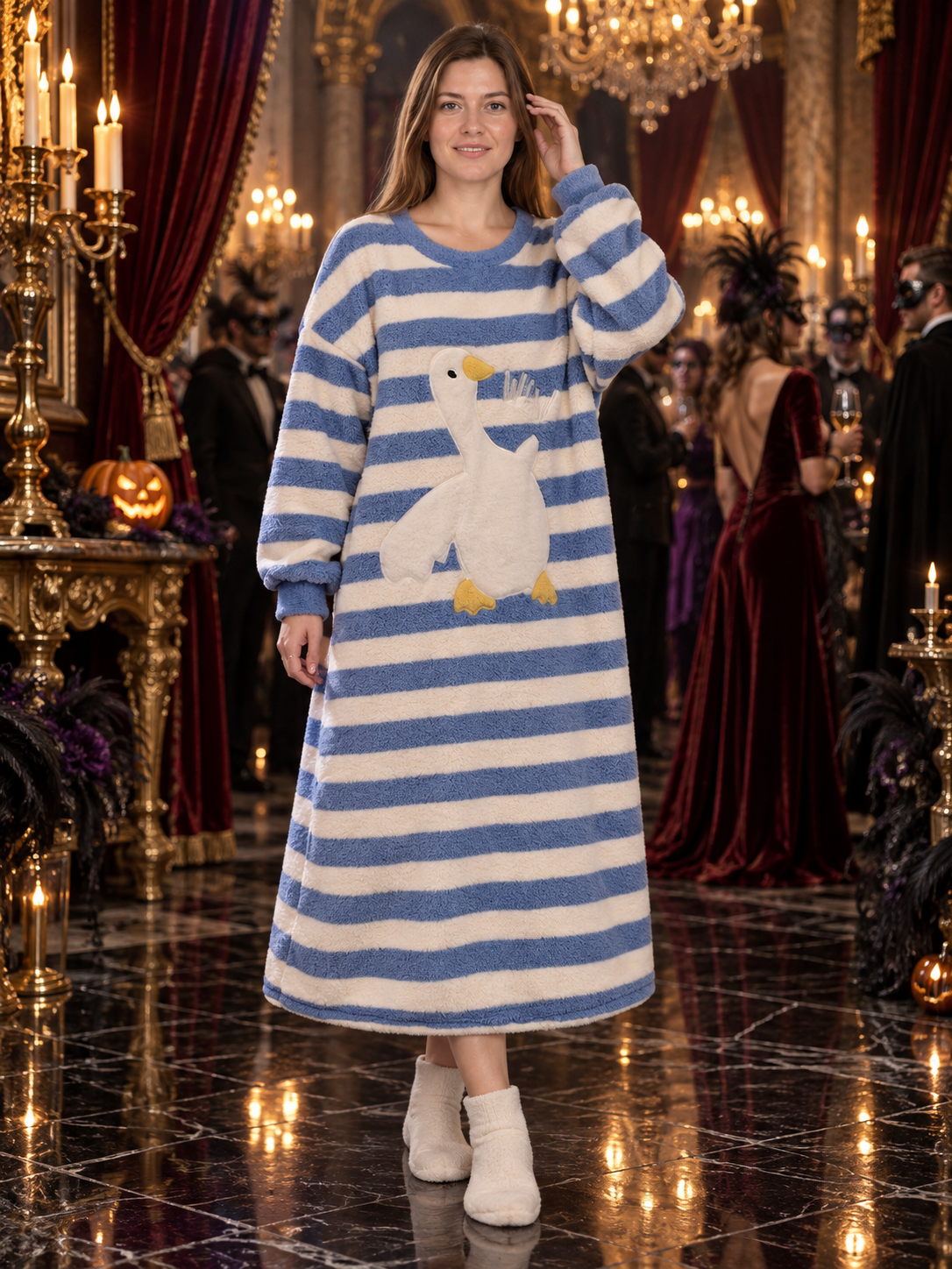 Long Flannel Nightgown in Blue and White Stripes