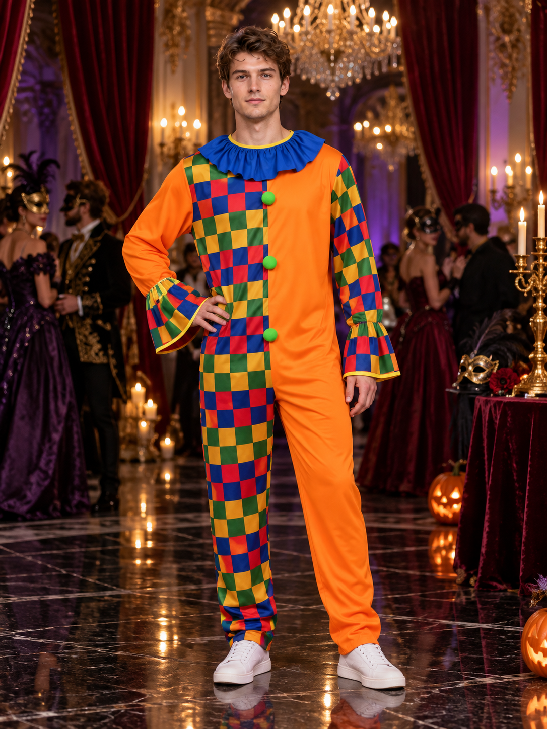Clown Costume Orange Jumpsuit with Ruffles and Diamonds