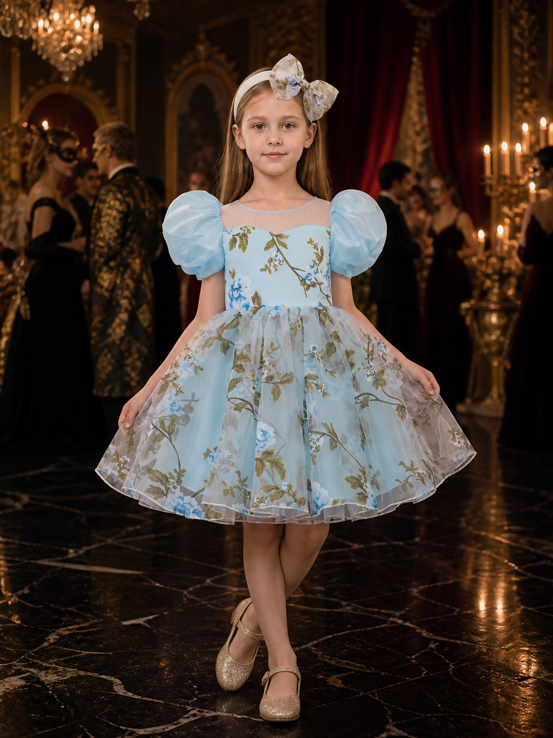 Girls' Floral Princess Party Dress With Puff Sleeves, Tulle Skirt & Bow Headband Costume Dresses detail