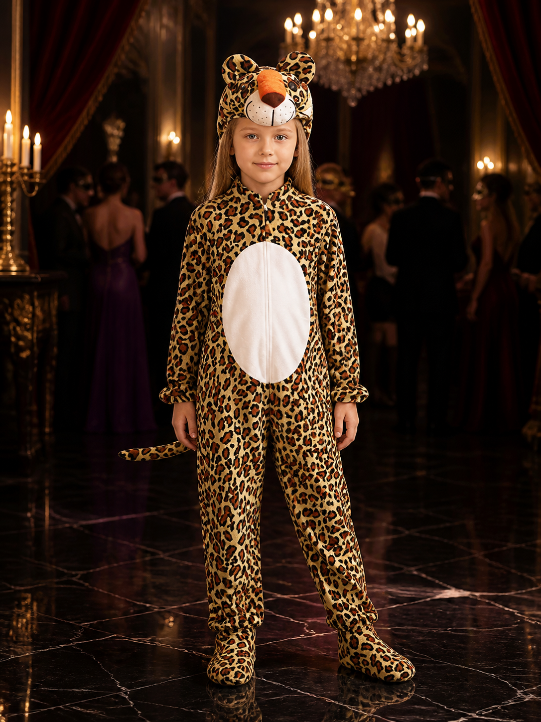 Kids Leopard Animal Onesie Costume with Hood and Tail, Footed Pants Costumes detail