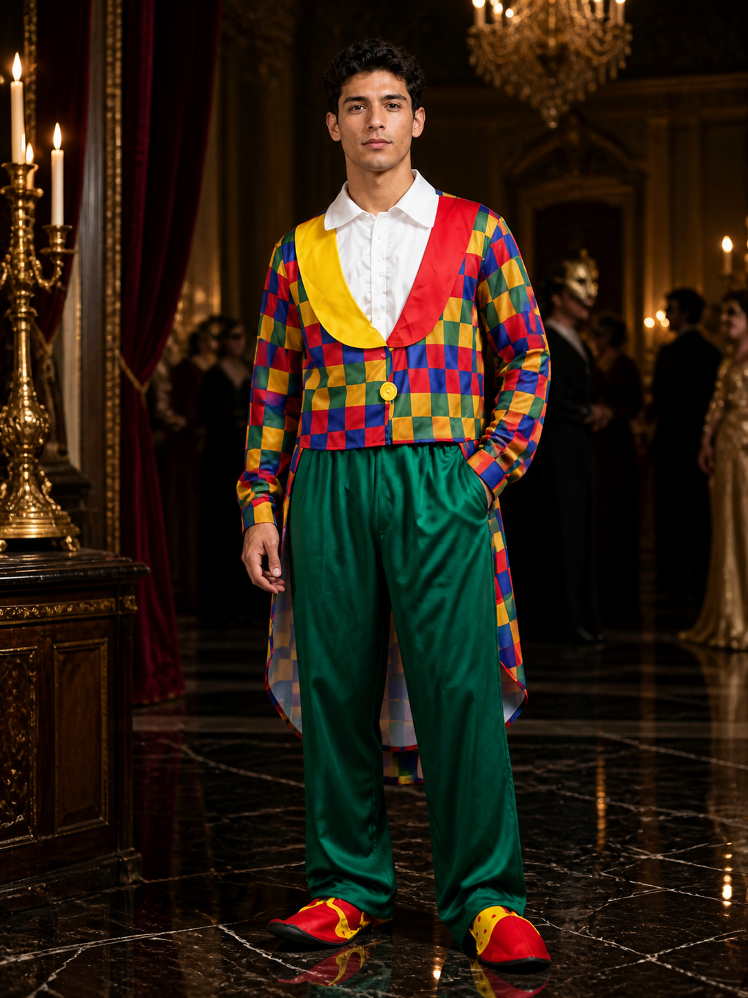 Adult Unisex Clown Circus Costume Set with Colorful Diamond Print and White Costumes detail