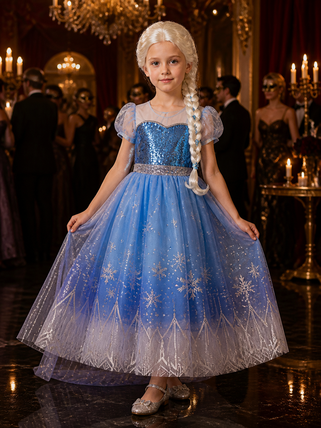 Girls Snow Queen Sequined Costume Dress, Blue Puffy Gown with Cape and Wig Costume Dresses detail