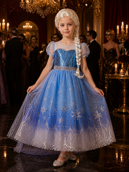 Girls Snow Queen Sequined Costume Dress, Blue Puffy Gown with Cape and Wig Costume Dresses detail