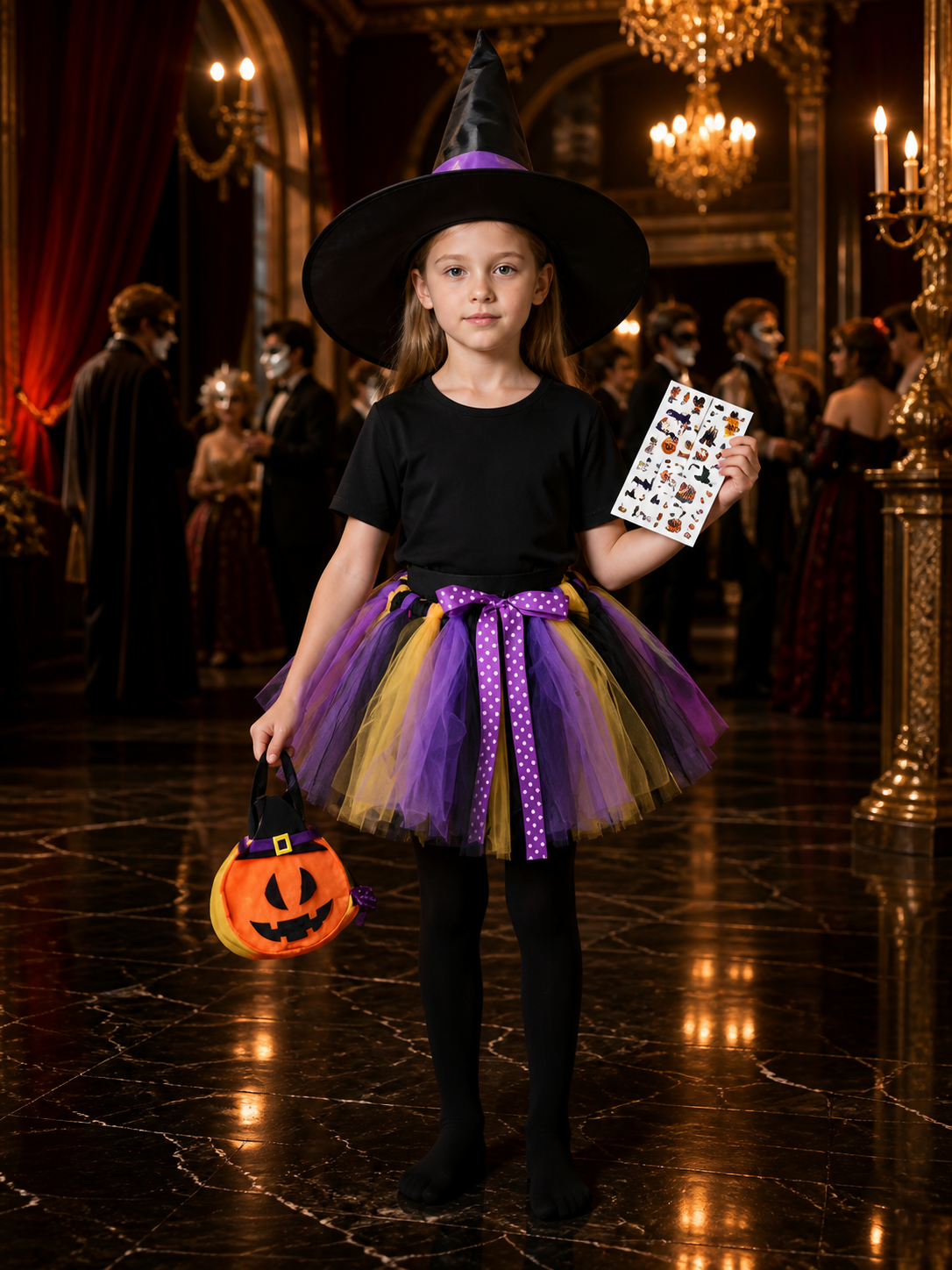 Girls' Witch Costume Set, Layered Tutu Skirt With Hat, Candy Bag, Tights & Costume Headwear detail