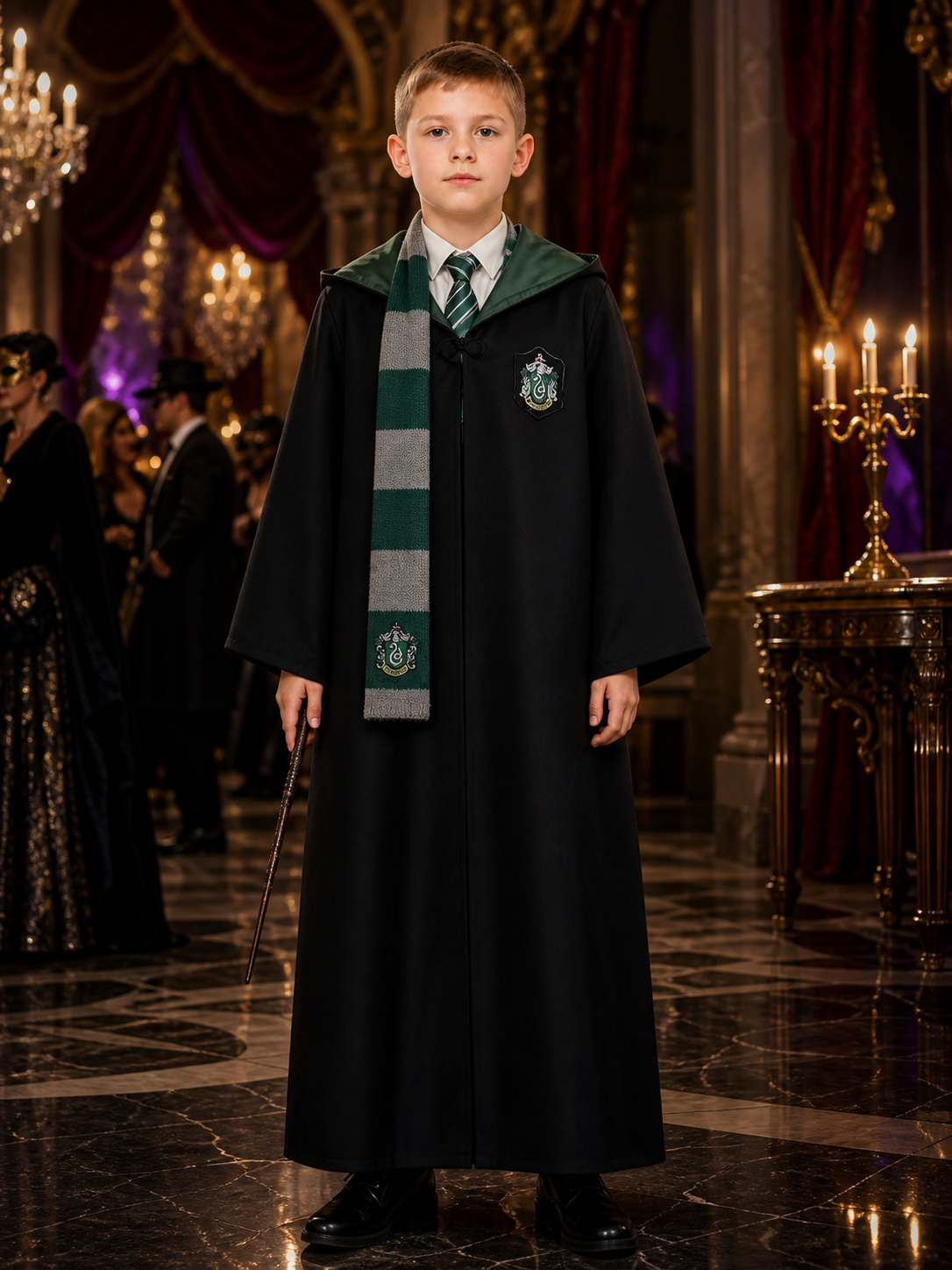 Slytherin Wizard Costume Set, Hooded Robe With Tie and Scarf, Halloween Cosplay Costumes detail