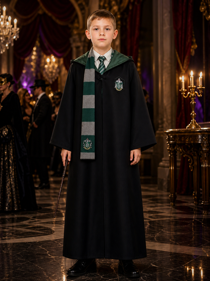 Slytherin Wizard Costume Set, Hooded Robe With Tie and Scarf, Halloween Cosplay Costumes detail