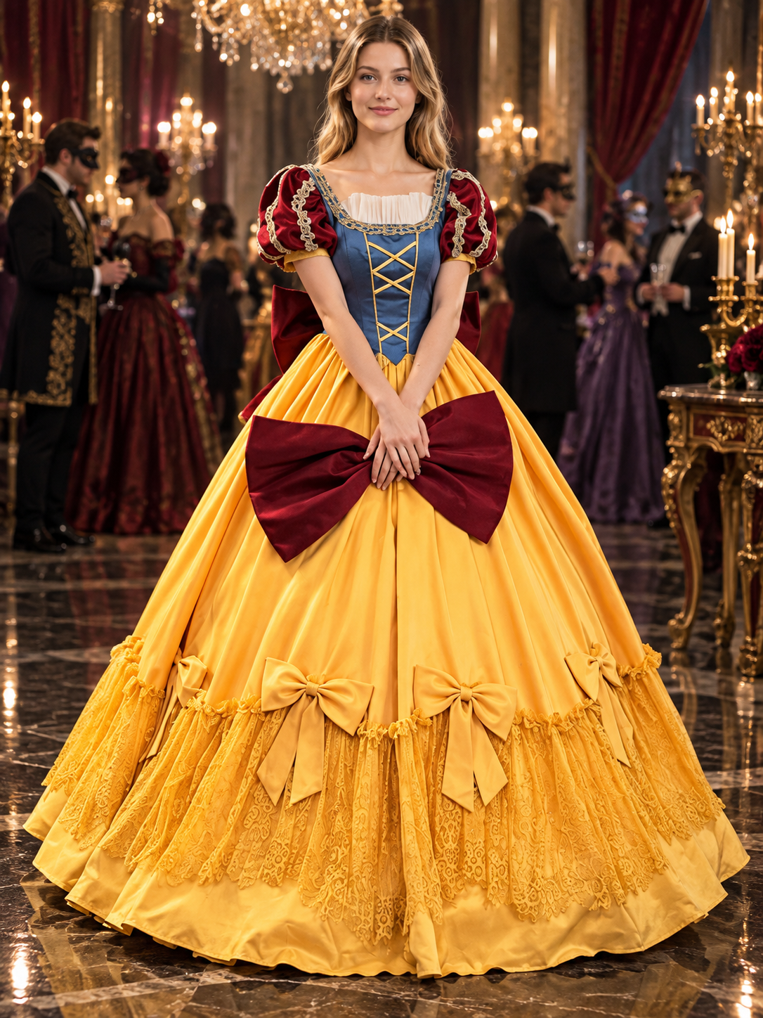 Princess costume with a puffy dress, bow, and crinoline