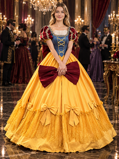 Princess costume with a puffy dress, bow, and crinoline