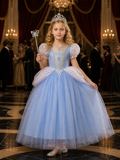 Girls Cinderella Princess Dress Costume Set, Light Blue Ball Gown with Tiara Costume Dresses detail