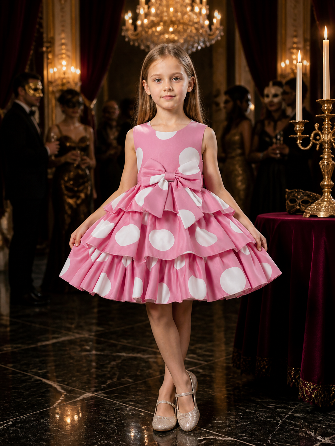 Girls' Pink Polka Dot Princess Dress with Bow and Ruffle Skirt Costume Dresses detail