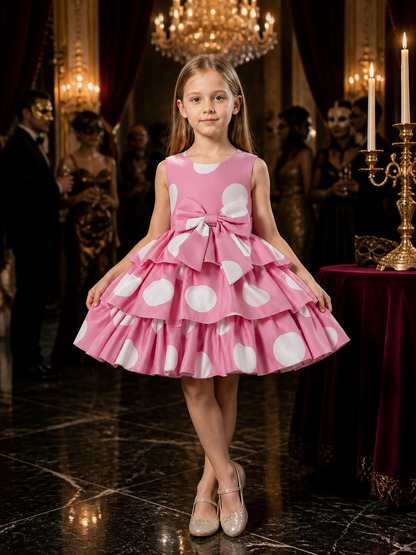 Girls' Pink Polka Dot Princess Dress with Bow and Ruffle Skirt Costume Dresses detail