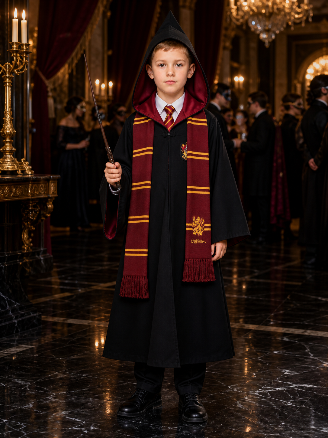 Academy Wizard Hooded Robe Costume Set With Tie, Scarf, Shirt And Wand Costume Accessories detail