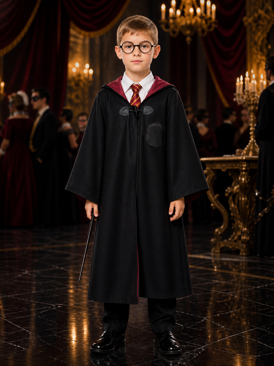 Kids Wizard Costume Set with Hooded Robe, Shirt, Pants, Striped Tie and Glasses Costumes detail