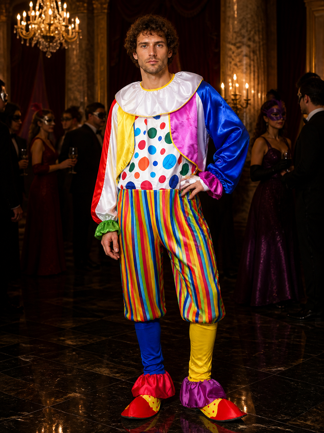 Adult Clown Costume Set - Multicolor Polka Dot Jumpsuit with Striped Pants and Costumes detail