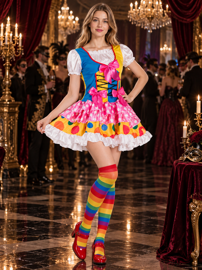Clown Costume: Multicolored Dress with Bows and Ruffles