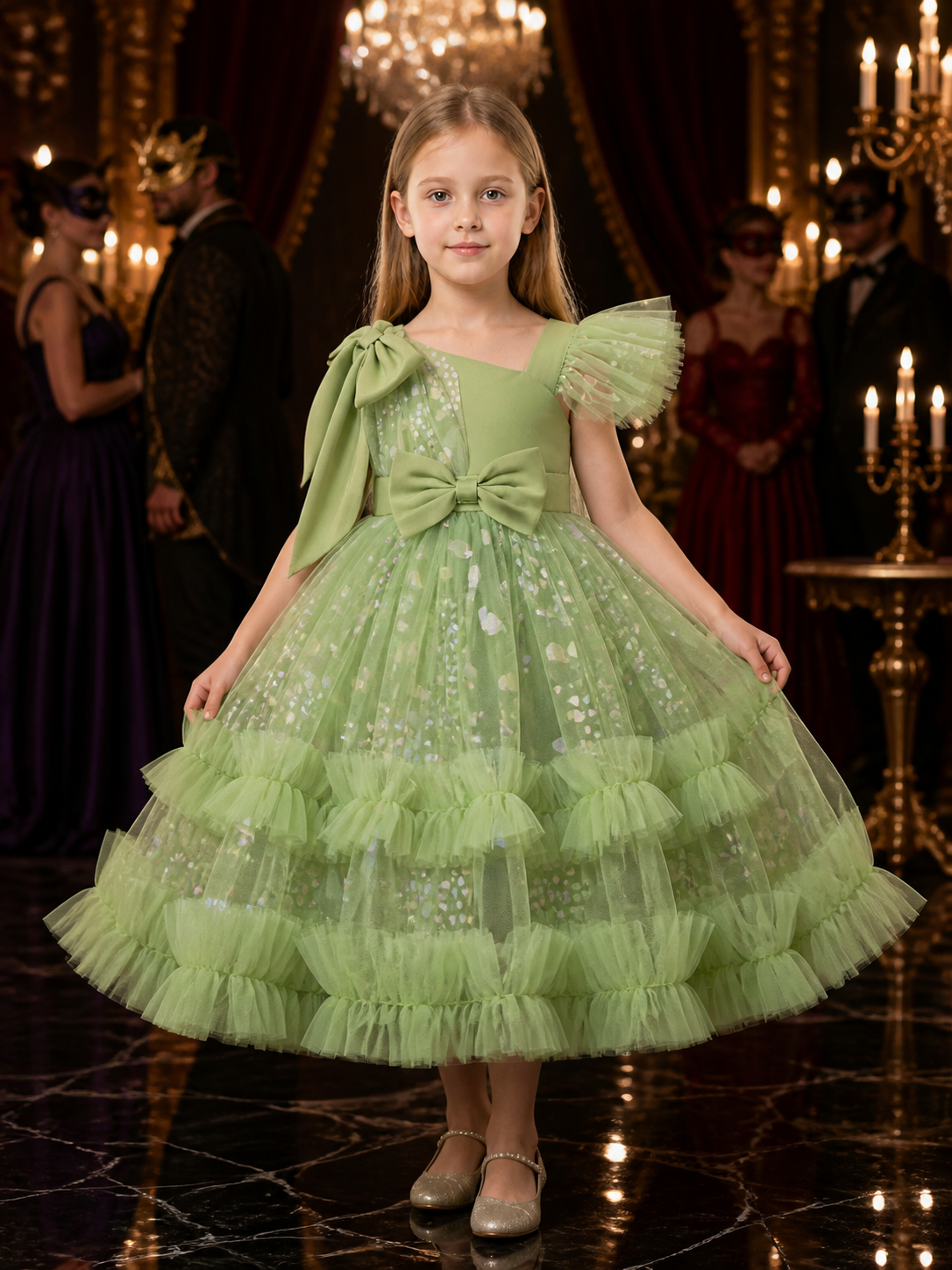 Toddler Girls' Princess Dress, Sparkly Tulle Ruffle Gown With Bow Details Costume Dresses detail