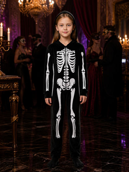 Glow In The Dark Skeleton Bodysuit Costume, Fluorescent Green Bones, Hooded Full Costumes detail