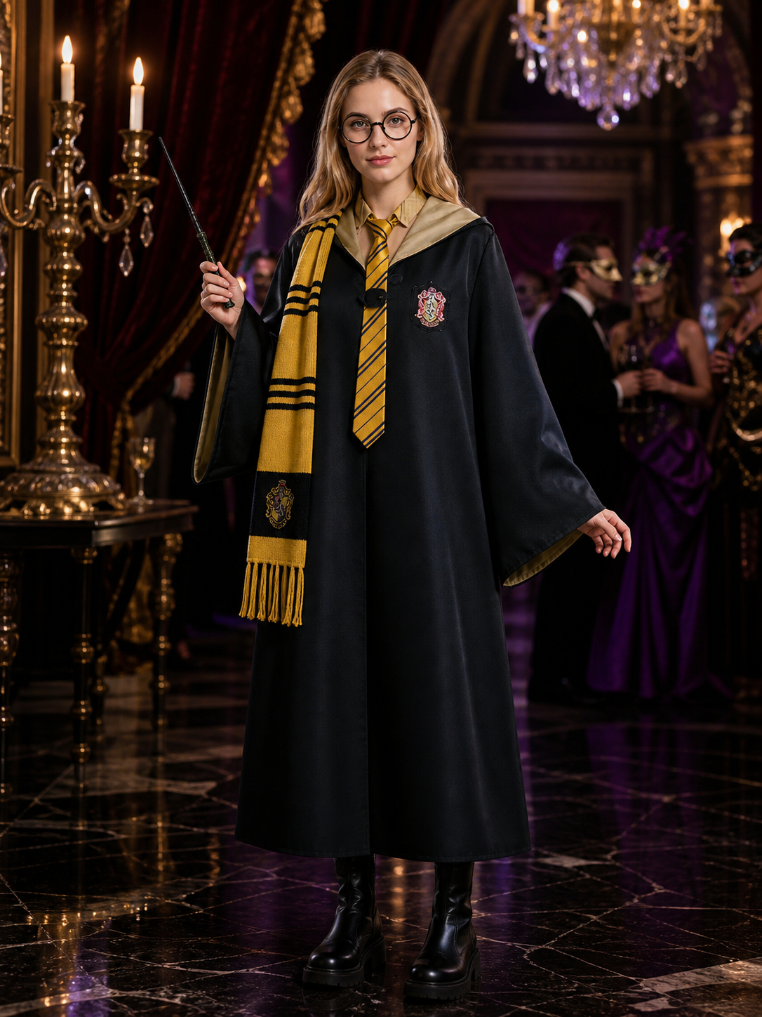 Kids Black And Yellow Hooded Wizard Robe Costume Set With Scarf, Tie, Glasses Costumes detail